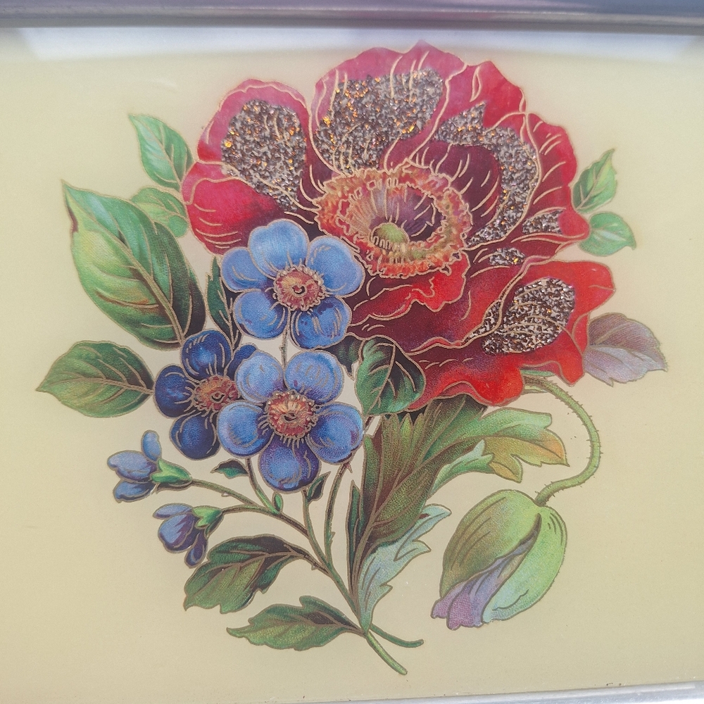 40s Reverse Painted Glass Vanity Floral Tray Vintage Stamped Germany US Zone - Picture 3 of 9